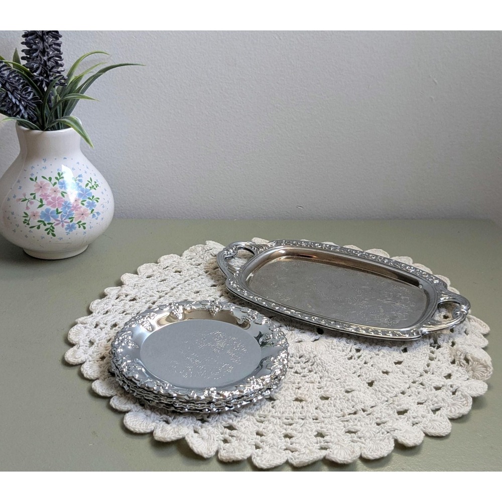 Vintage Silver Tone Serving Tray Set, 2 Mini Serving Trays & 4 Grape coasterd